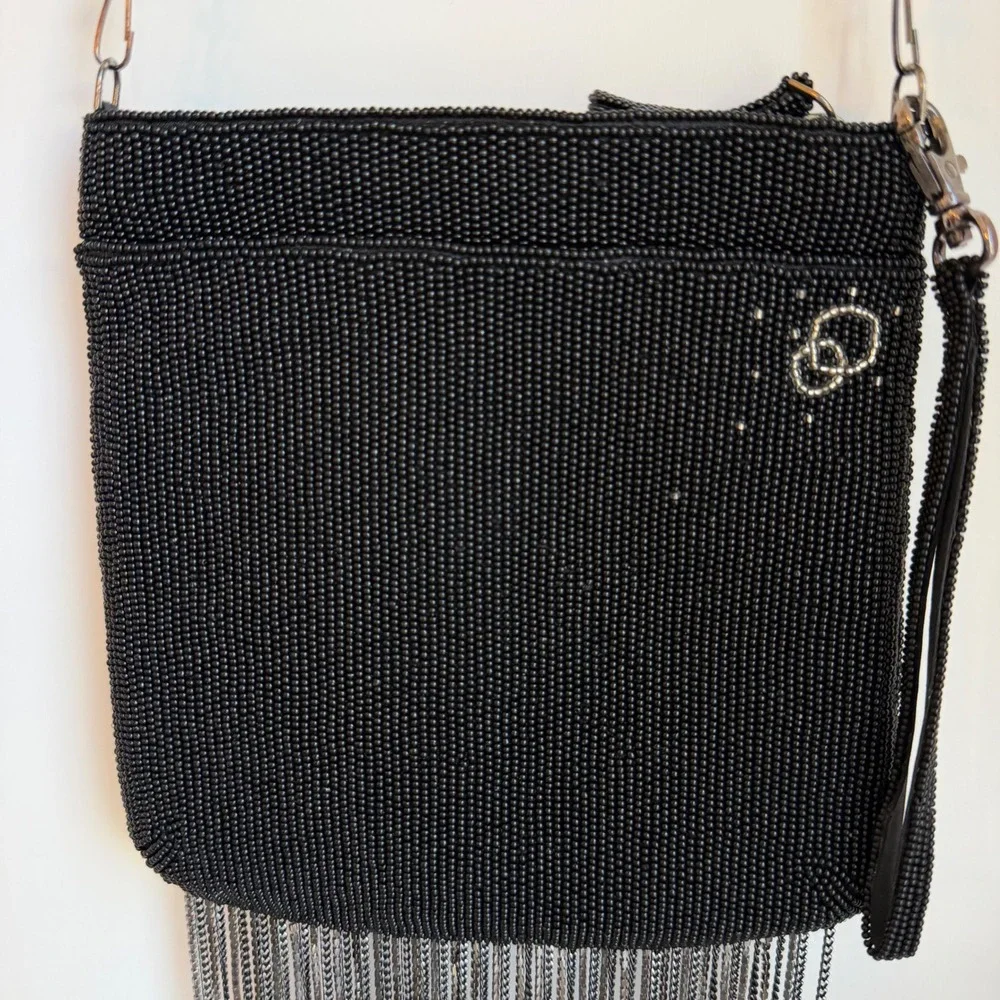 Mary Frances Touch of Bubbly Beaded Bag‎ Black Rhinestone Fringe Novelty Purse